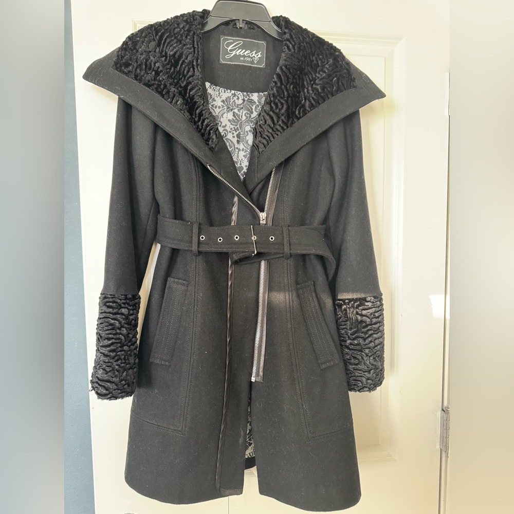 Guess Black Trench Coat with Faux Fur Accents - Picture 3 of 7
